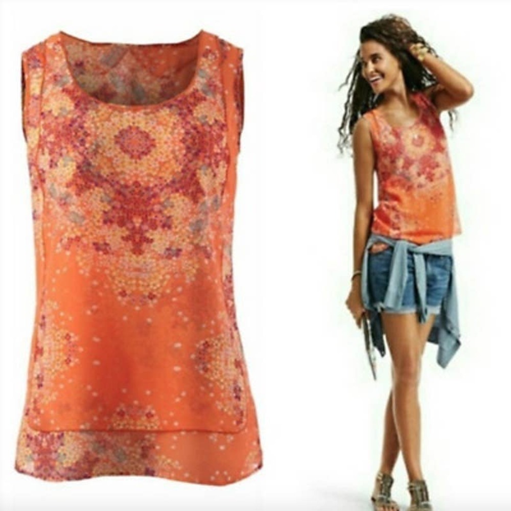 Cabi Merrow Edge Tank Top Size XS Scoop Neck Sleeveless Blouse Floral Orange